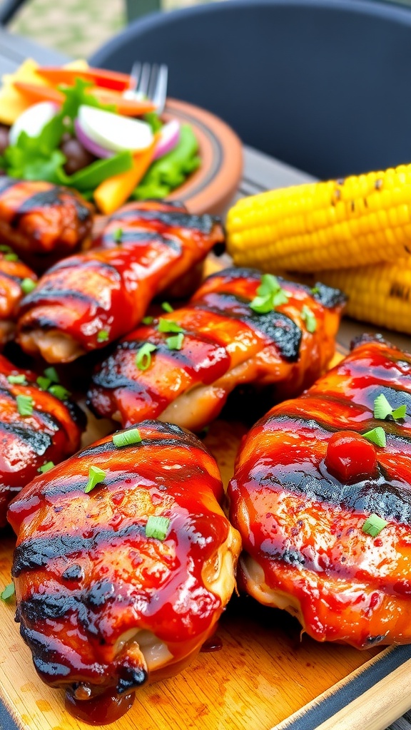Grilled barbecue chicken quarters on a wooden platter with parsley garnish, served with salad and corn on the cob.